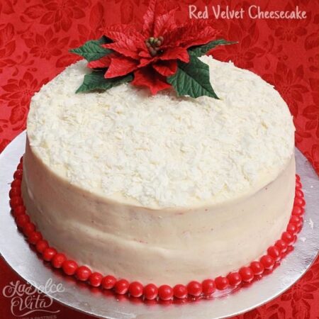 red velvet cheesecake with poinsettia